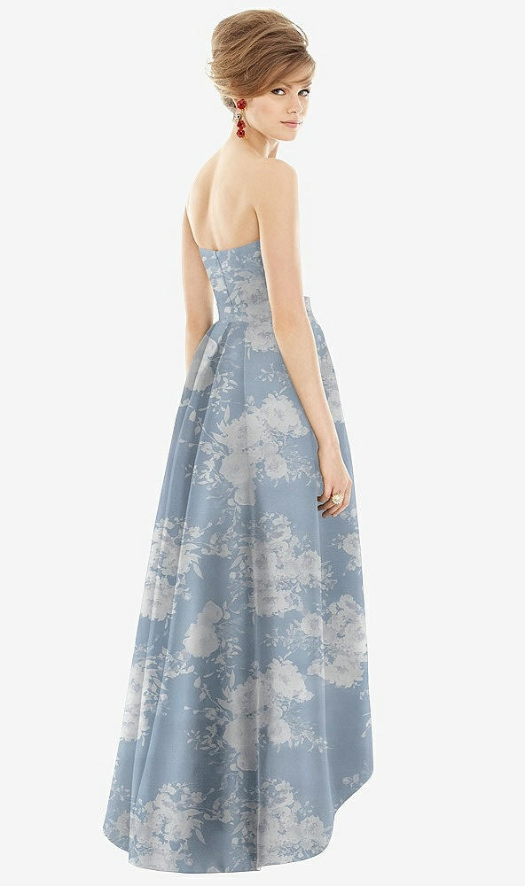 Back View - Porcelain Blue Seraphina Floral Strapless Floral Satin High Low Dress with Pockets