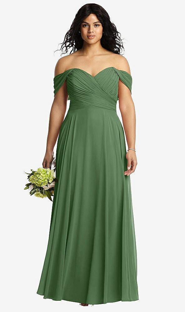 off-the-shoulder draped chiffon maxi dress