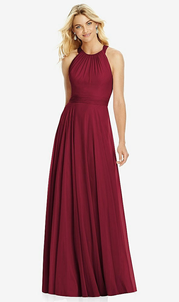 Front View - Burgundy Cross Strap Open-Back Halter Maxi Dress