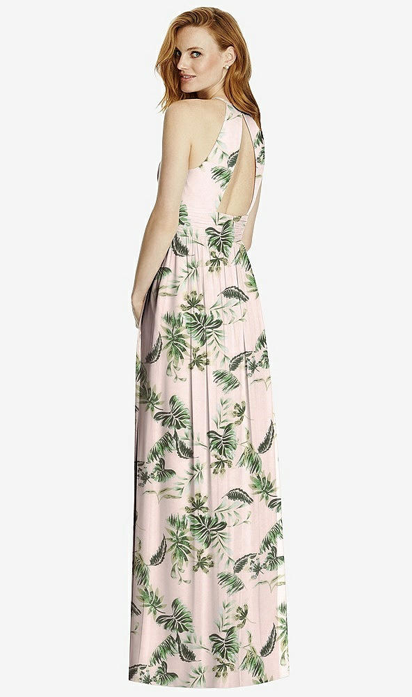 Back View - Palm Beach Print Cutout Open-Back Shirred Halter Maxi Dress