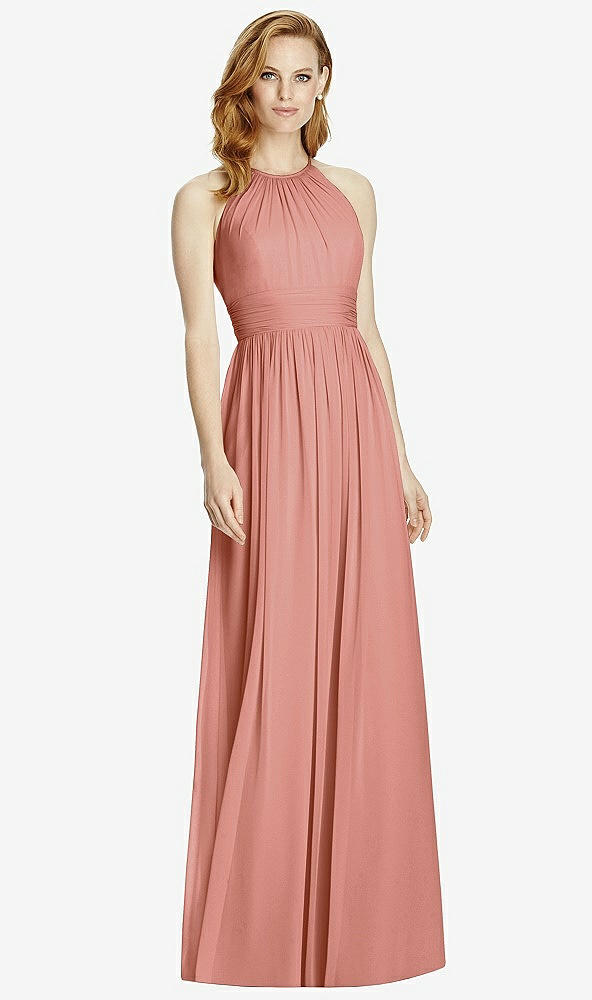 Front View - Desert Rose Cutout Open-Back Shirred Halter Maxi Dress