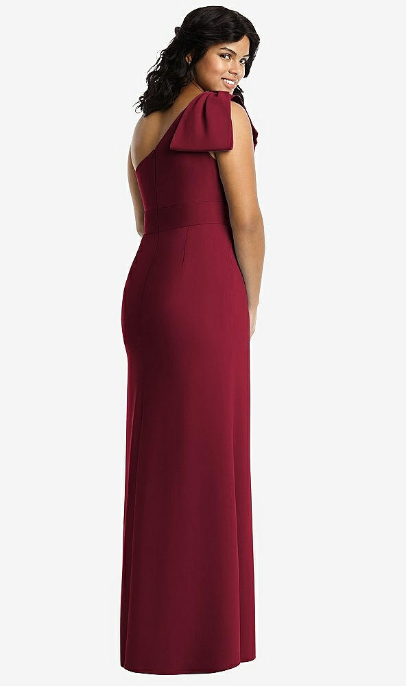 Back View - Burgundy Bowed One-Shoulder Trumpet Gown