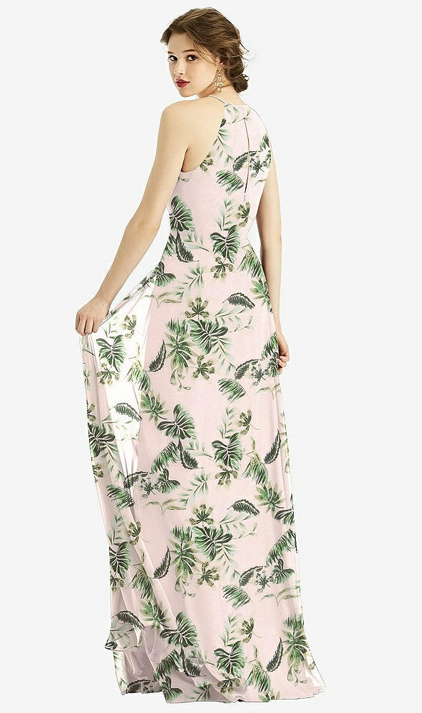 Back View - Palm Beach Print Keyhole Halter Chiffon Maxi Dress