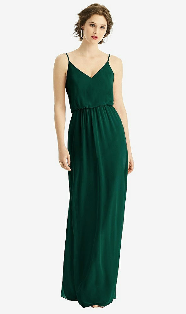 Front View - Hunter Green V-Neck Blouson Bodice Chiffon Maxi Dress