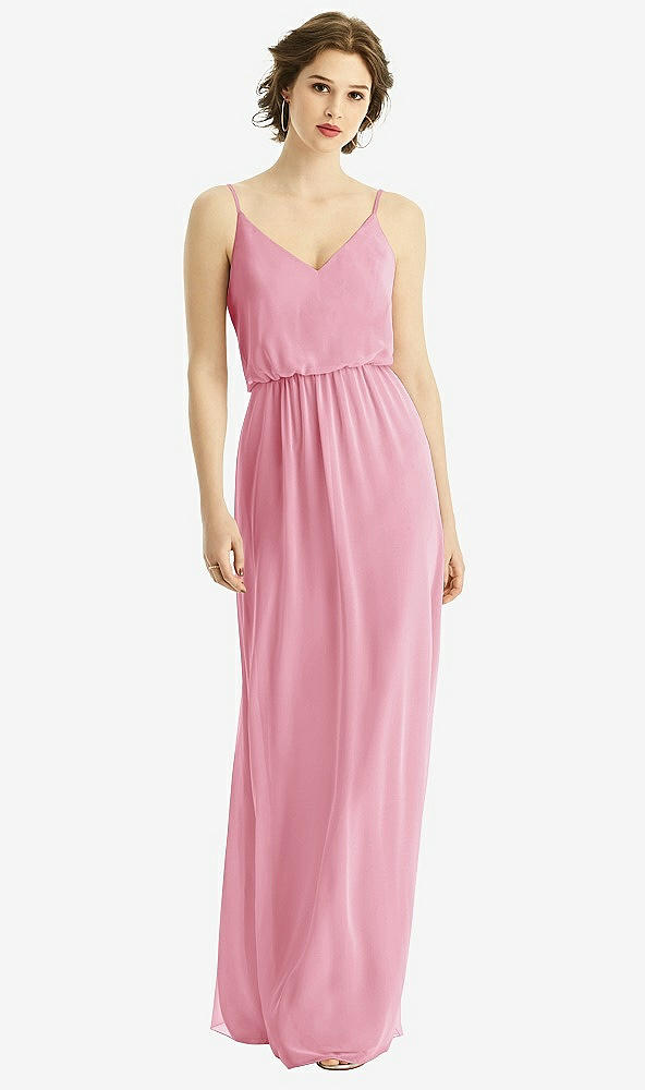 Front View - Peony Pink V-Neck Blouson Bodice Chiffon Maxi Dress