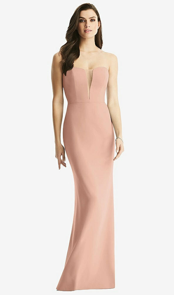 Front View - Pale Peach & Light Nude Sheer Plunge Neckline Strapless Column Dress