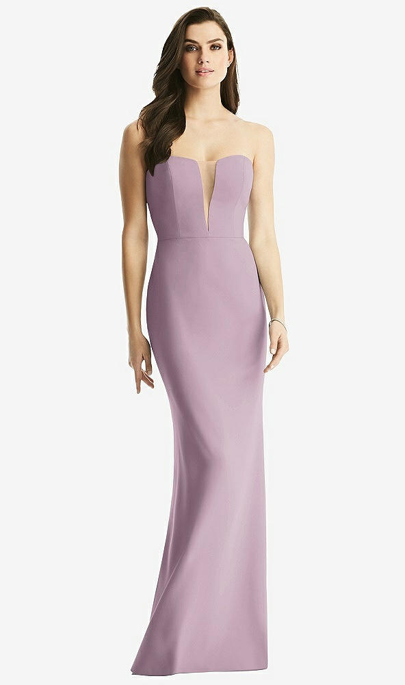 Front View - Suede Rose & Light Nude Sheer Plunge Neckline Strapless Column Dress