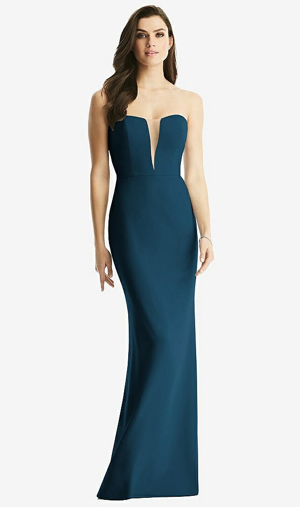 Front View - Atlantic Blue & Light Nude Sheer Plunge Neckline Strapless Column Dress