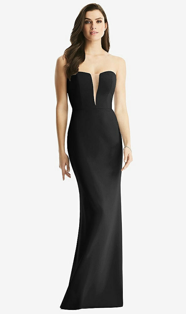 Front View - Black & Light Nude Sheer Plunge Neckline Strapless Column Dress