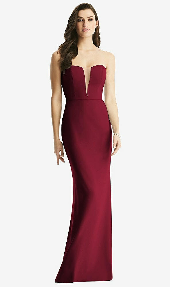 Front View - Burgundy & Light Nude Sheer Plunge Neckline Strapless Column Dress