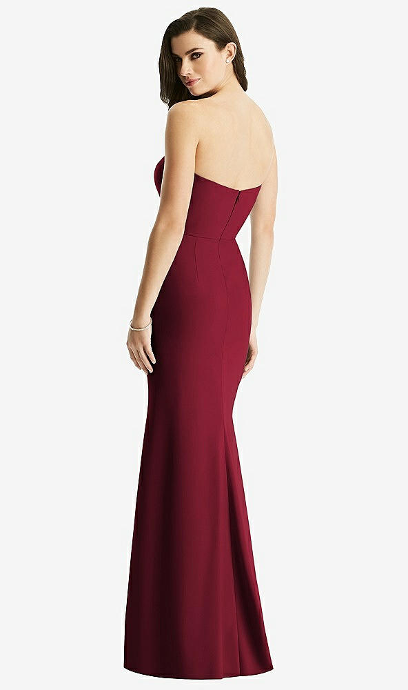 Back View - Burgundy & Light Nude Sheer Plunge Neckline Strapless Column Dress