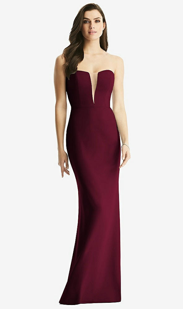 Front View - Cabernet & Light Nude Sheer Plunge Neckline Strapless Column Dress