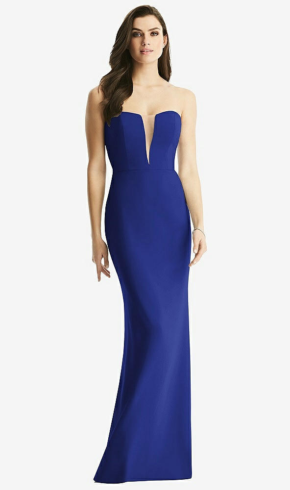 Front View - Cobalt Blue & Light Nude Sheer Plunge Neckline Strapless Column Dress