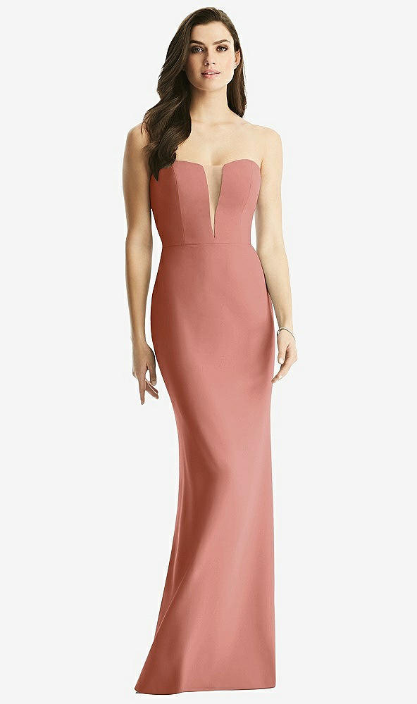 Front View - Desert Rose & Light Nude Sheer Plunge Neckline Strapless Column Dress