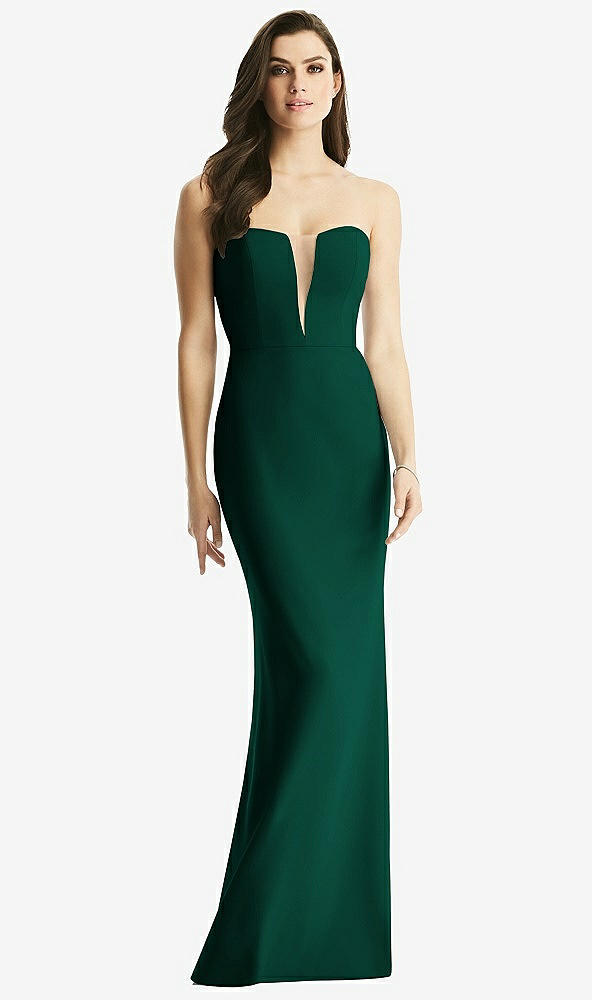 Front View - Hunter Green & Light Nude Sheer Plunge Neckline Strapless Column Dress