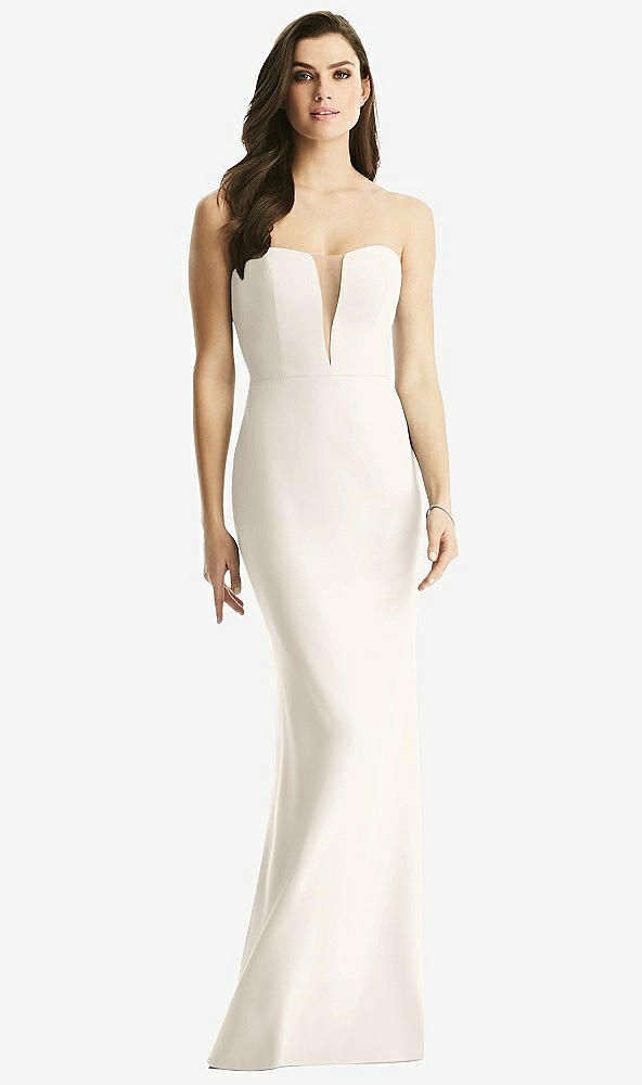 Front View - Ivory & Light Nude Sheer Plunge Neckline Strapless Column Dress