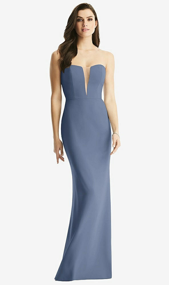 Front View - Larkspur Blue & Light Nude Sheer Plunge Neckline Strapless Column Dress