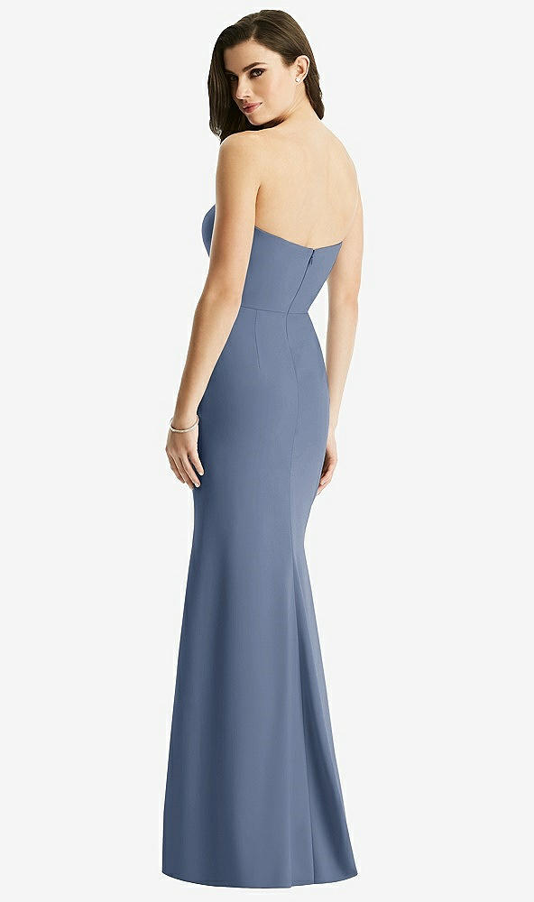 Back View - Larkspur Blue & Light Nude Sheer Plunge Neckline Strapless Column Dress