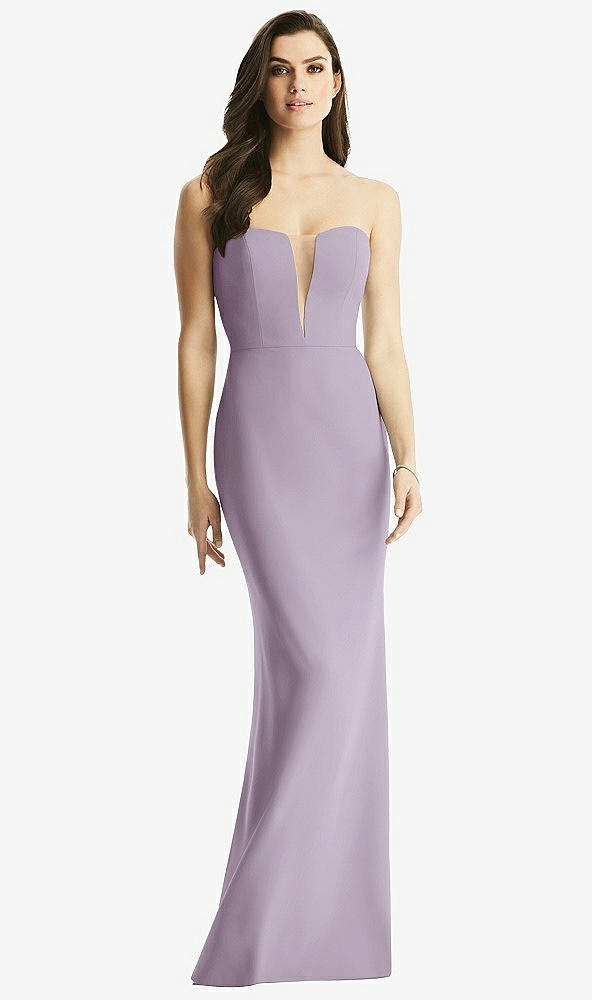 Front View - Lilac Haze & Light Nude Sheer Plunge Neckline Strapless Column Dress