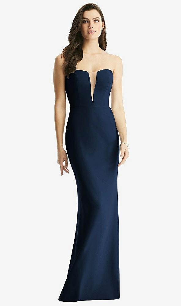 Front View - Midnight Navy & Light Nude Sheer Plunge Neckline Strapless Column Dress