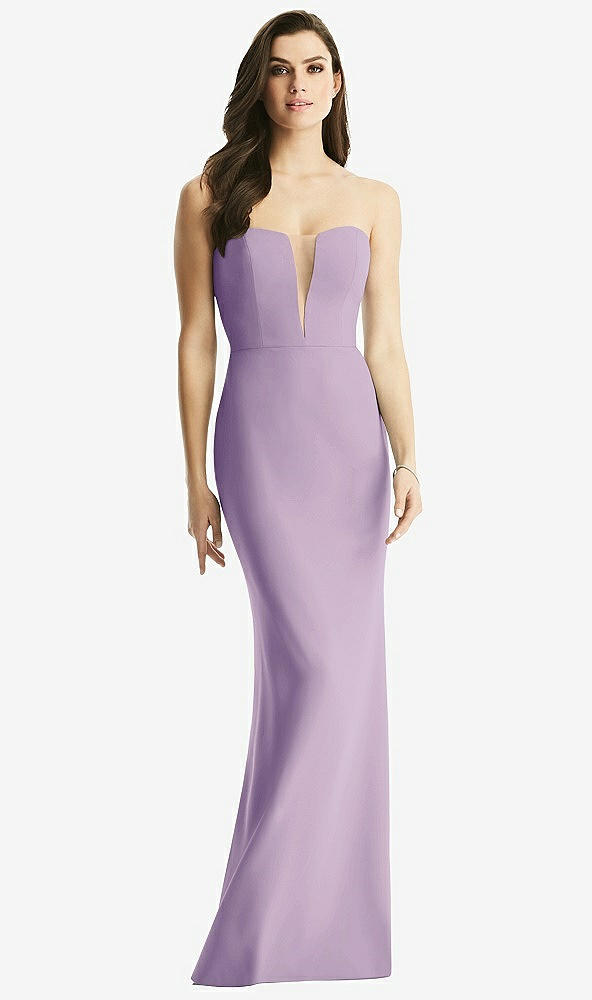 Front View - Pale Purple & Light Nude Sheer Plunge Neckline Strapless Column Dress