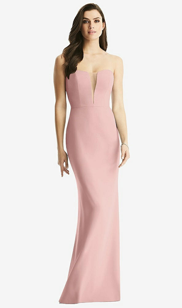 Front View - Rose & Light Nude Sheer Plunge Neckline Strapless Column Dress