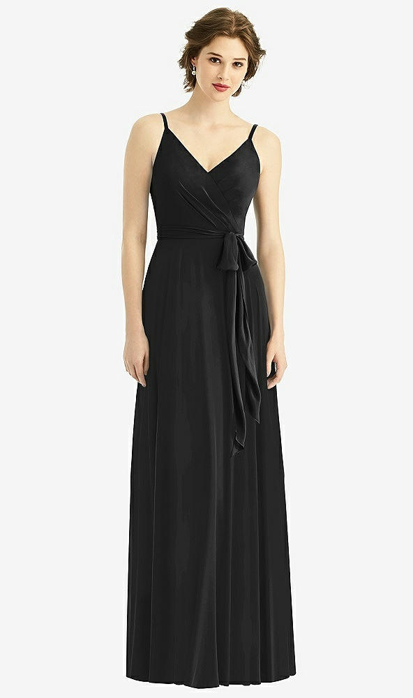 Front View - Black Draped Wrap Chiffon Maxi Dress with Sash