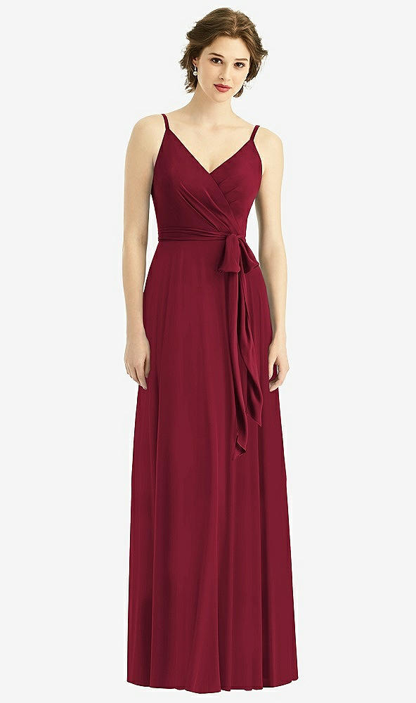 Front View - Burgundy Draped Wrap Chiffon Maxi Dress with Sash