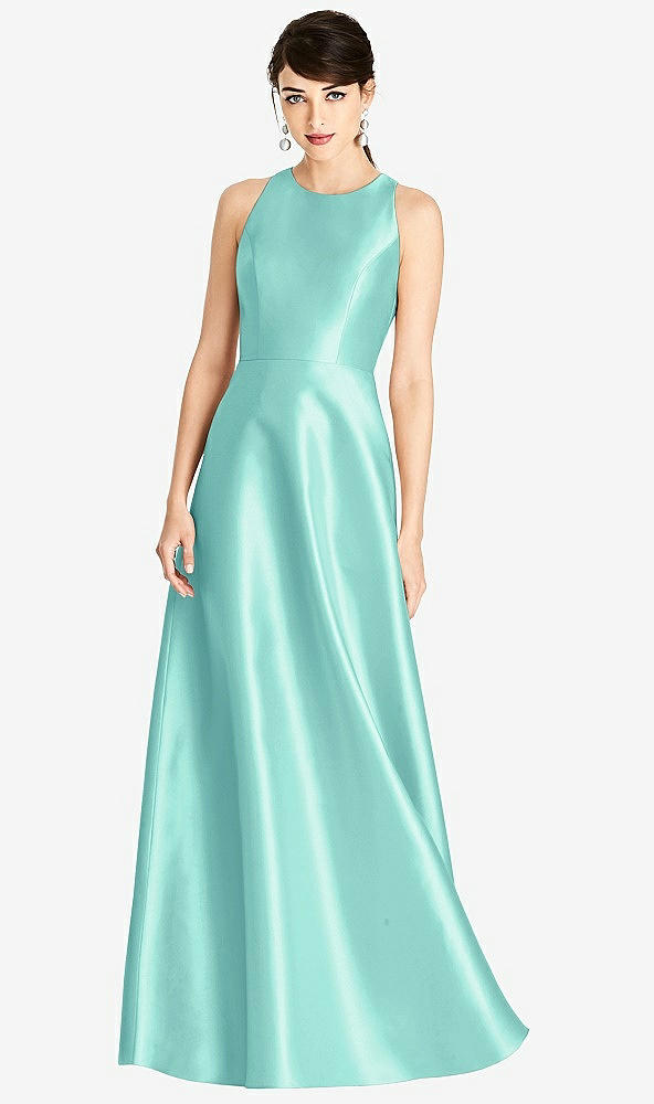 Front View - Coastal Sleeveless Open-Back Satin A-Line Dress