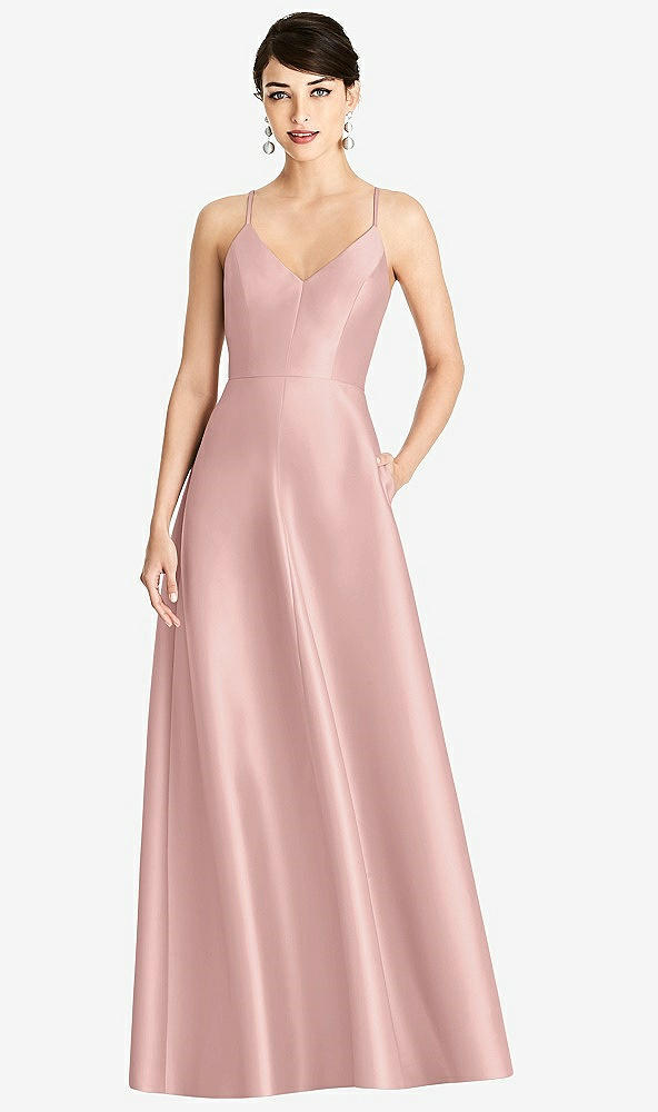 Front View - Rose V-Neck Full Skirt Satin Maxi Dress