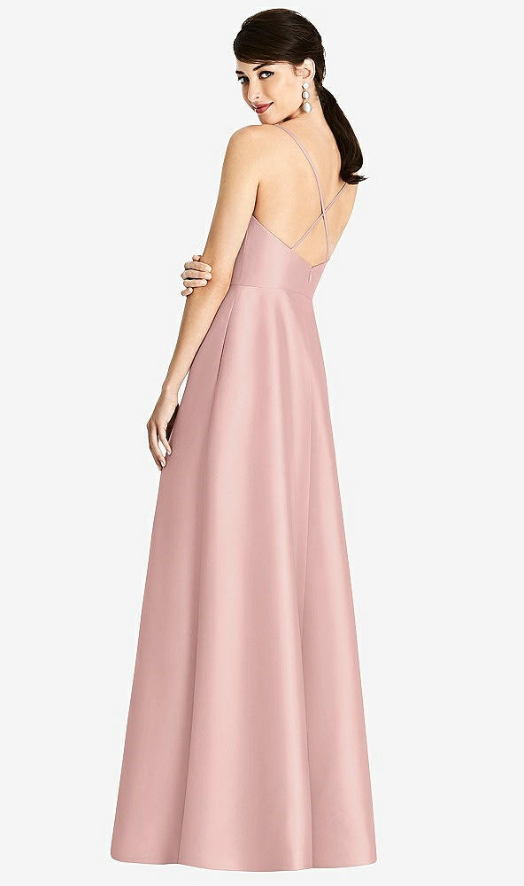 Back View - Rose V-Neck Full Skirt Satin Maxi Dress