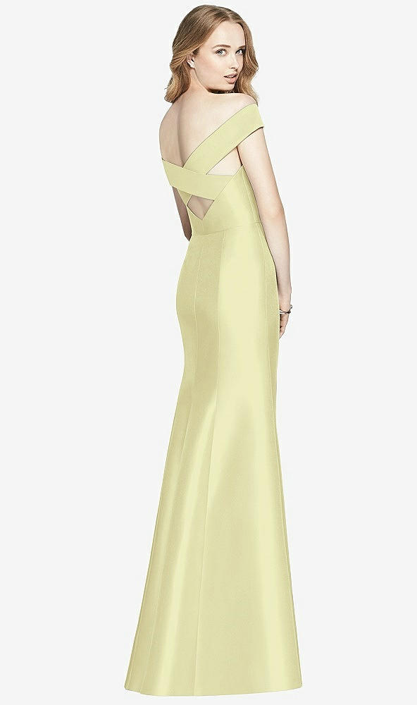 Back View - Butter Yellow Off-the-Shoulder Criss Cross Back Satin Dress