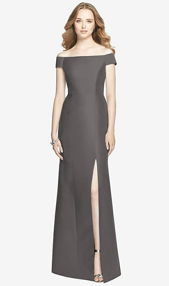 Front View - Caviar Gray Off-the-Shoulder Criss Cross Back Satin Dress