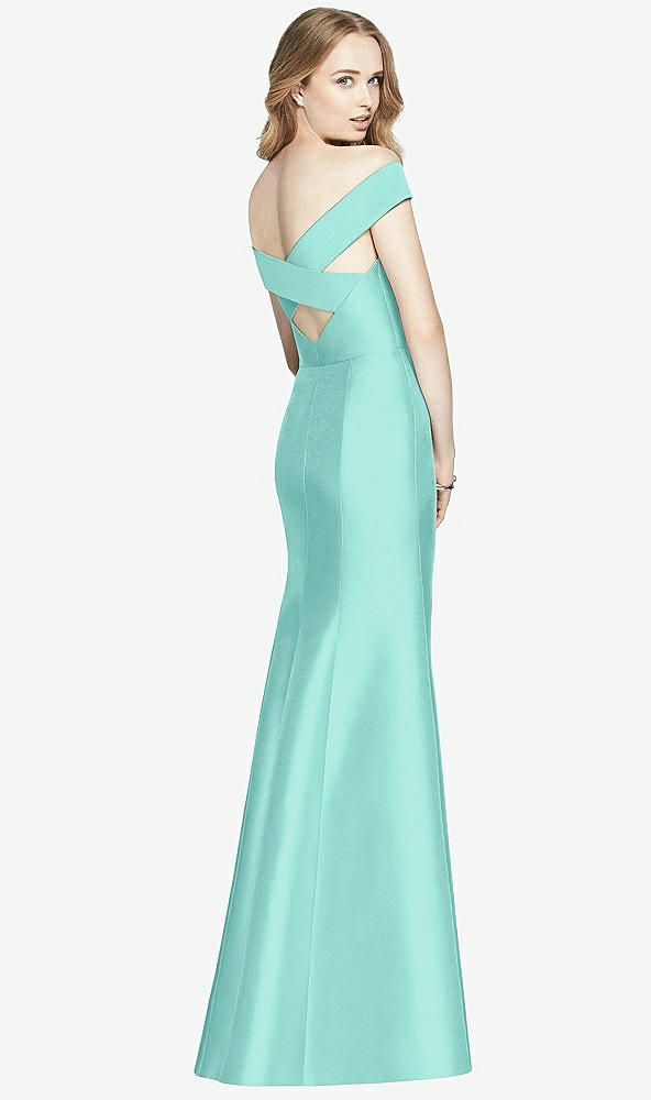 Back View - Coastal Off-the-Shoulder Criss Cross Back Satin Dress