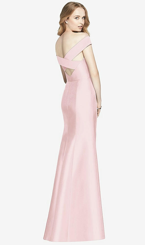 Back View - Ballet Pink Off-the-Shoulder Criss Cross Back Satin Dress