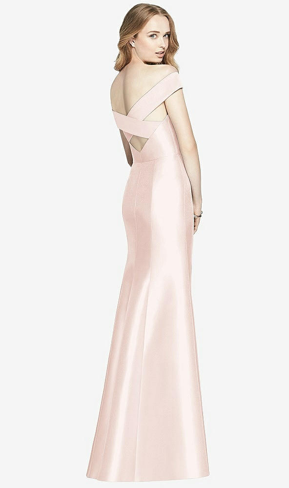 Back View - Blush Off-the-Shoulder Criss Cross Back Satin Dress