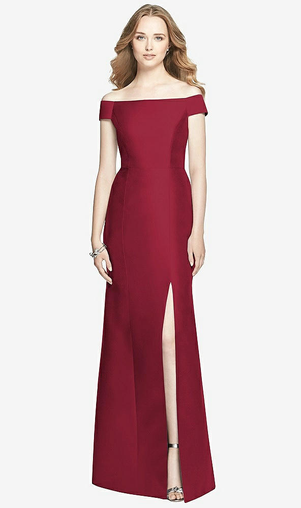 Front View - Burgundy Off-the-Shoulder Criss Cross Back Satin Dress