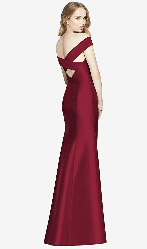 Back View - Burgundy Off-the-Shoulder Criss Cross Back Satin Dress