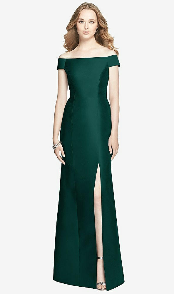 Front View - Evergreen Off-the-Shoulder Criss Cross Back Satin Dress