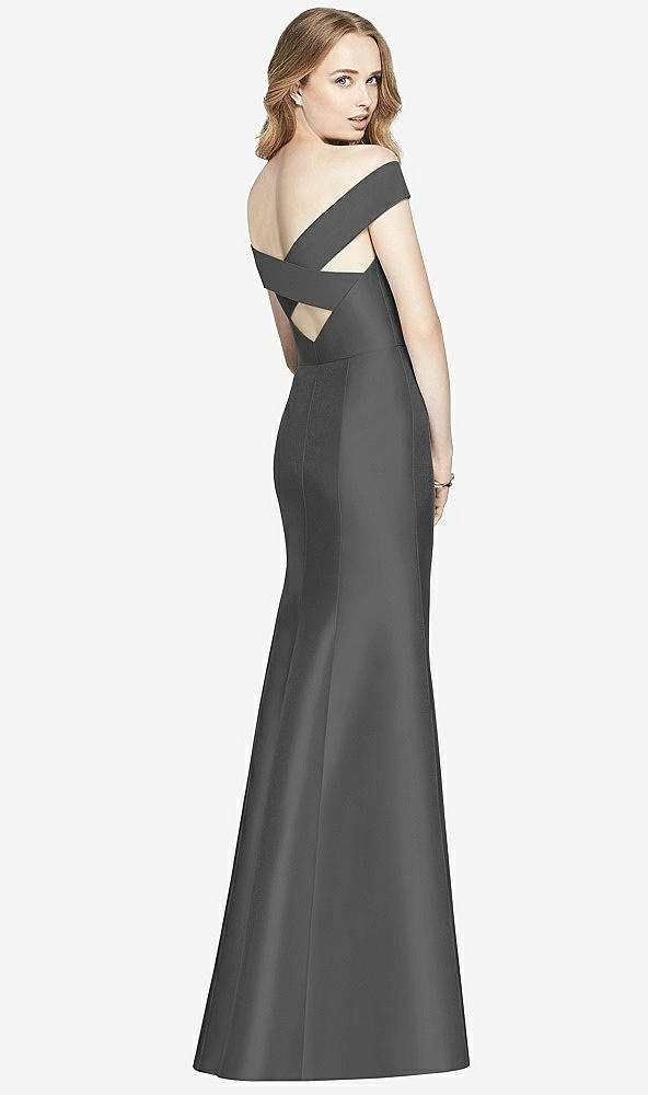 Back View - Gunmetal Off-the-Shoulder Criss Cross Back Satin Dress