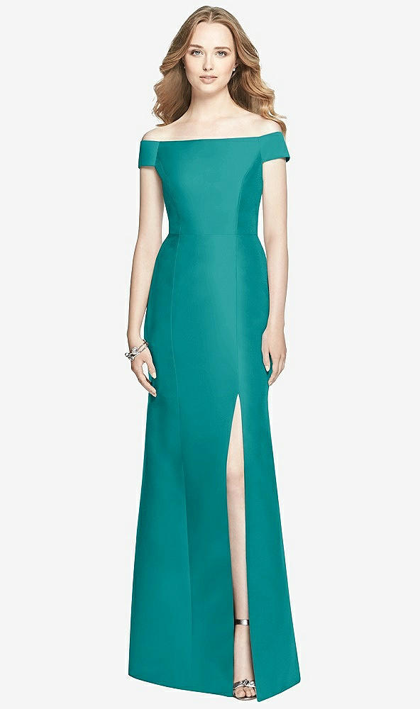 Front View - Jade Off-the-Shoulder Criss Cross Back Satin Dress