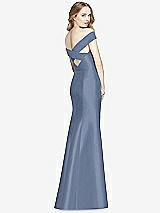 Rear View Thumbnail - Larkspur Blue Off-the-Shoulder Criss Cross Back Satin Dress