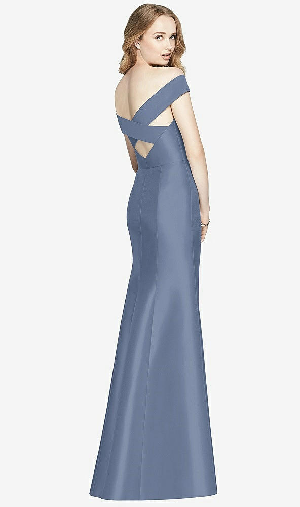 Back View - Larkspur Blue Off-the-Shoulder Criss Cross Back Satin Dress