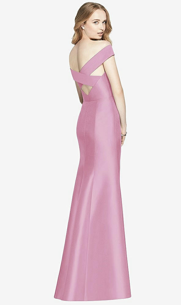 Back View - Powder Pink Off-the-Shoulder Criss Cross Back Satin Dress