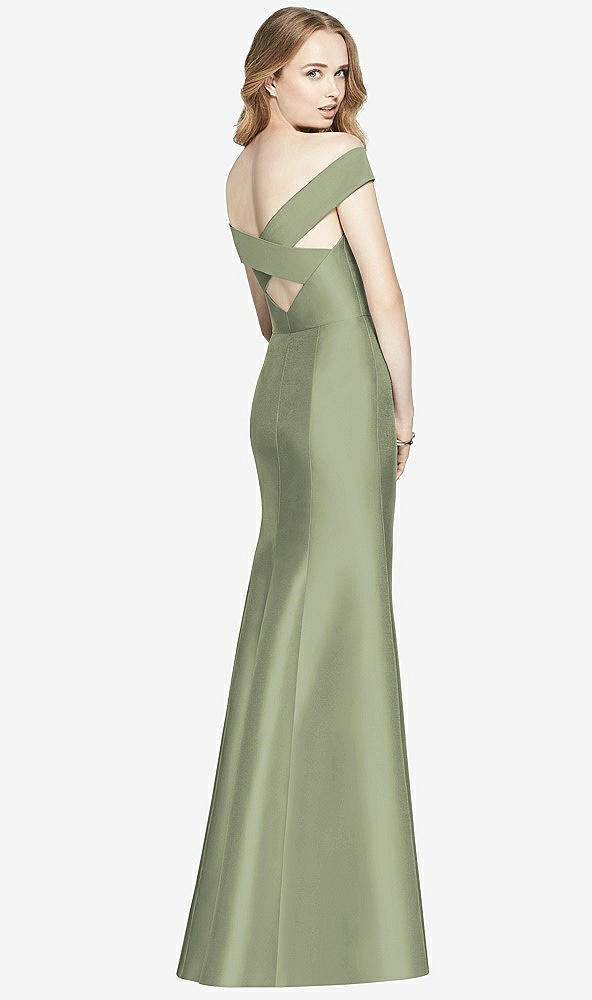 Back View - Sage Off-the-Shoulder Criss Cross Back Satin Dress