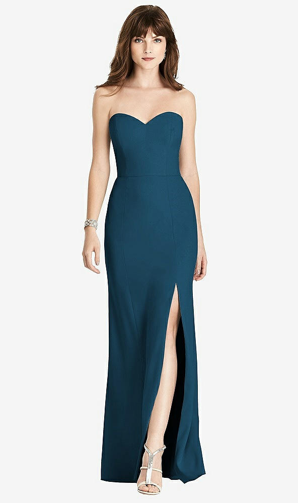 strapless crepe trumpet gown with front slit