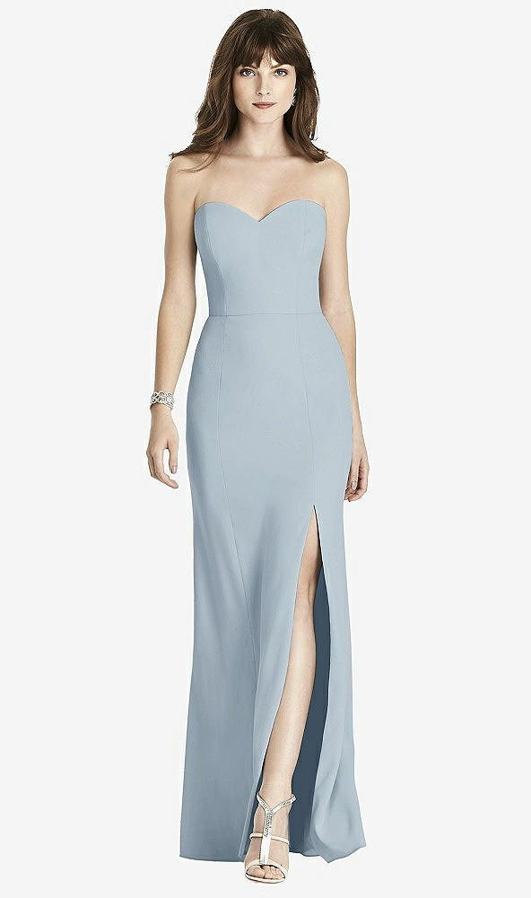 Front View - Mist Strapless Crepe Trumpet Gown with Front Slit