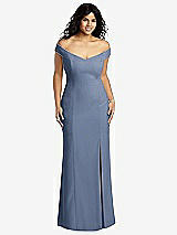 Front View Thumbnail - Larkspur Blue Off-the-Shoulder Criss Cross Back Trumpet Gown