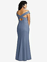 Rear View Thumbnail - Larkspur Blue Off-the-Shoulder Criss Cross Back Trumpet Gown