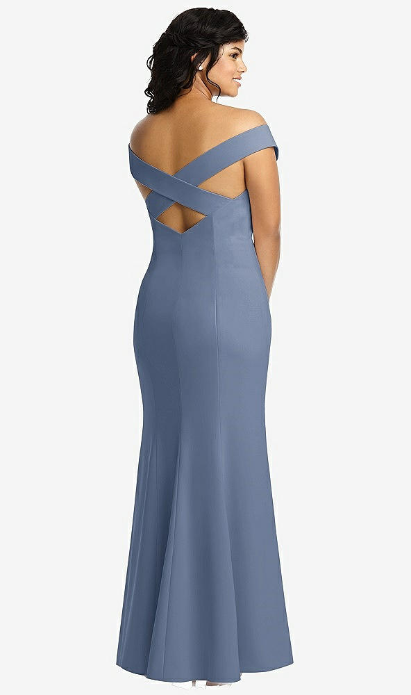 Back View - Larkspur Blue Off-the-Shoulder Criss Cross Back Trumpet Gown